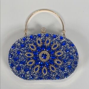 Blue Jeweled Evening Clutch with Gold Handle